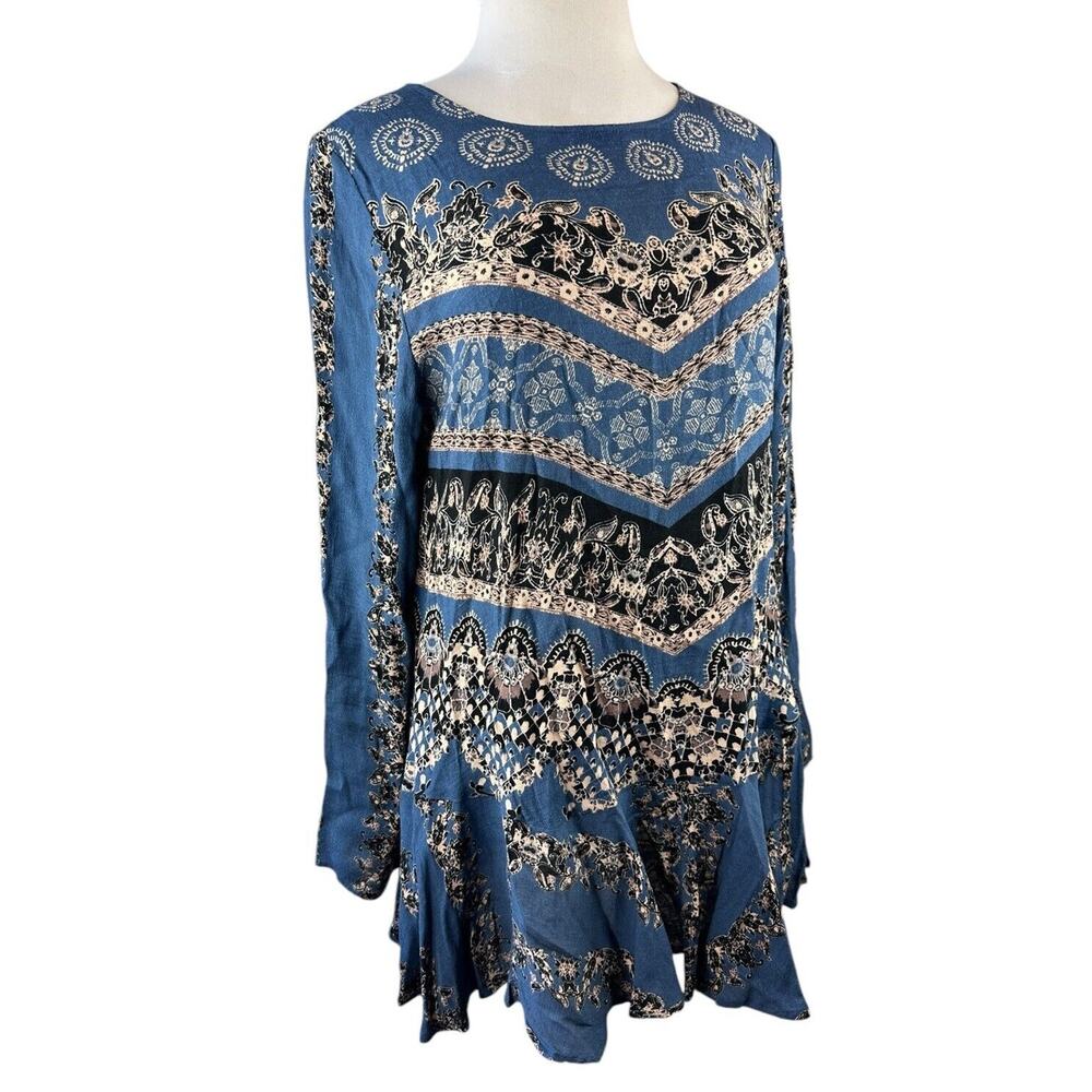 Free People Smooth Talker Tunic Mini Dress Boho Festival Blue Women's Size Large - Picture 2 of 16